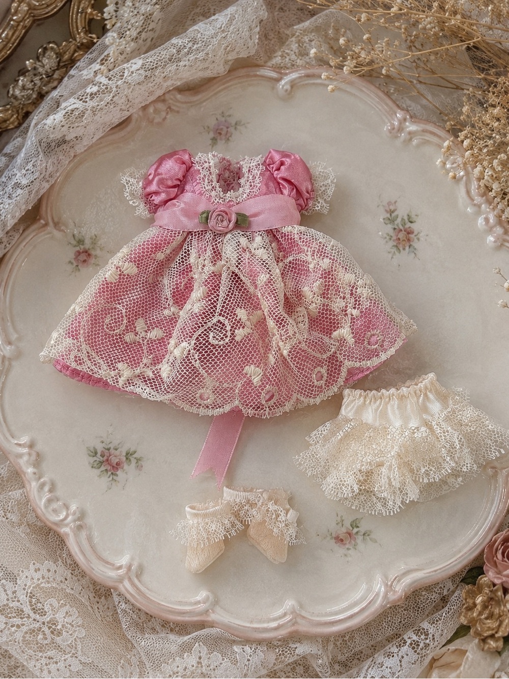 Handcrafted Pink Lace 8” Doll doll Dress Set